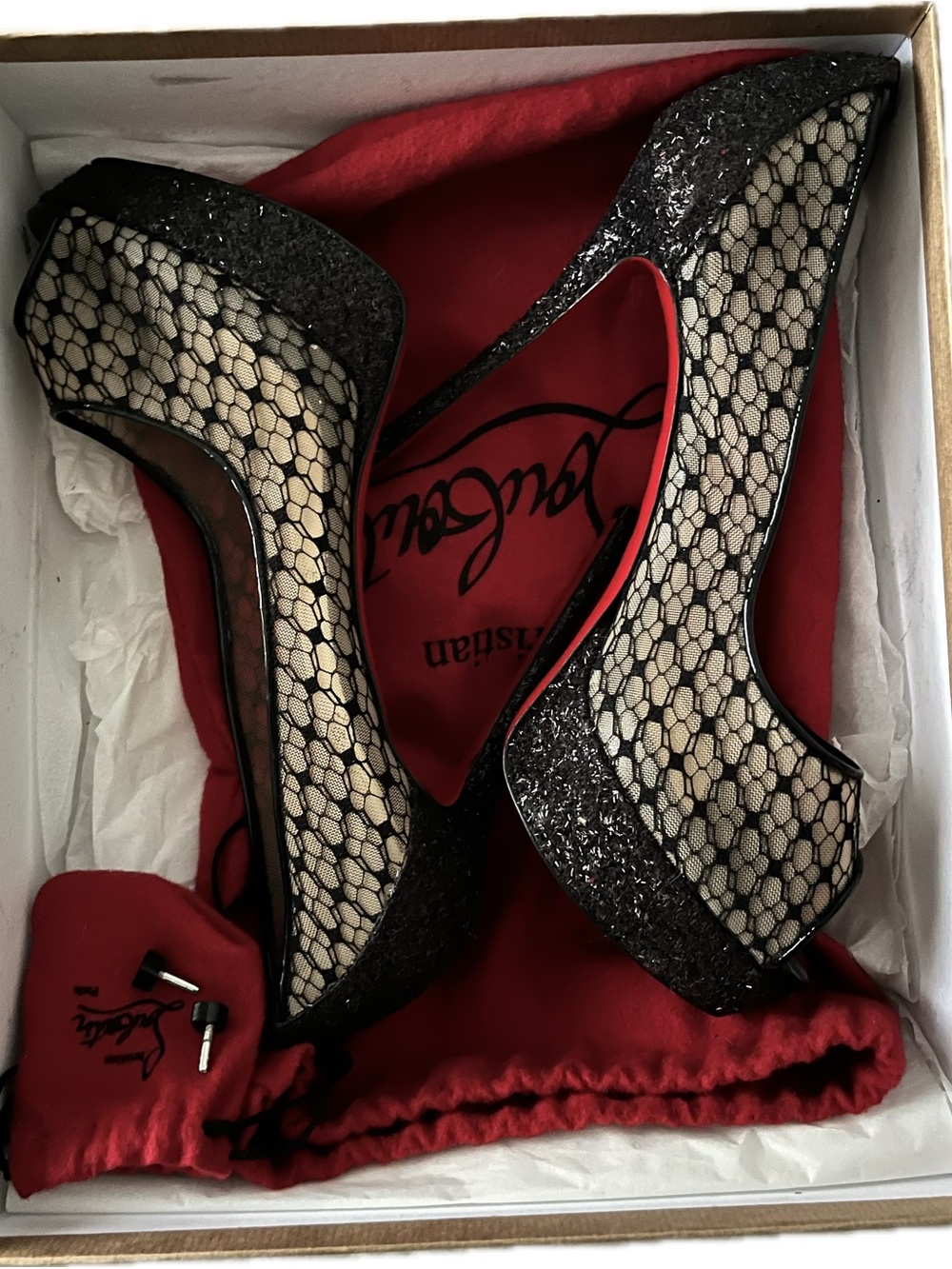 Barneys New York Black Lace & Glitter Platform Pumps